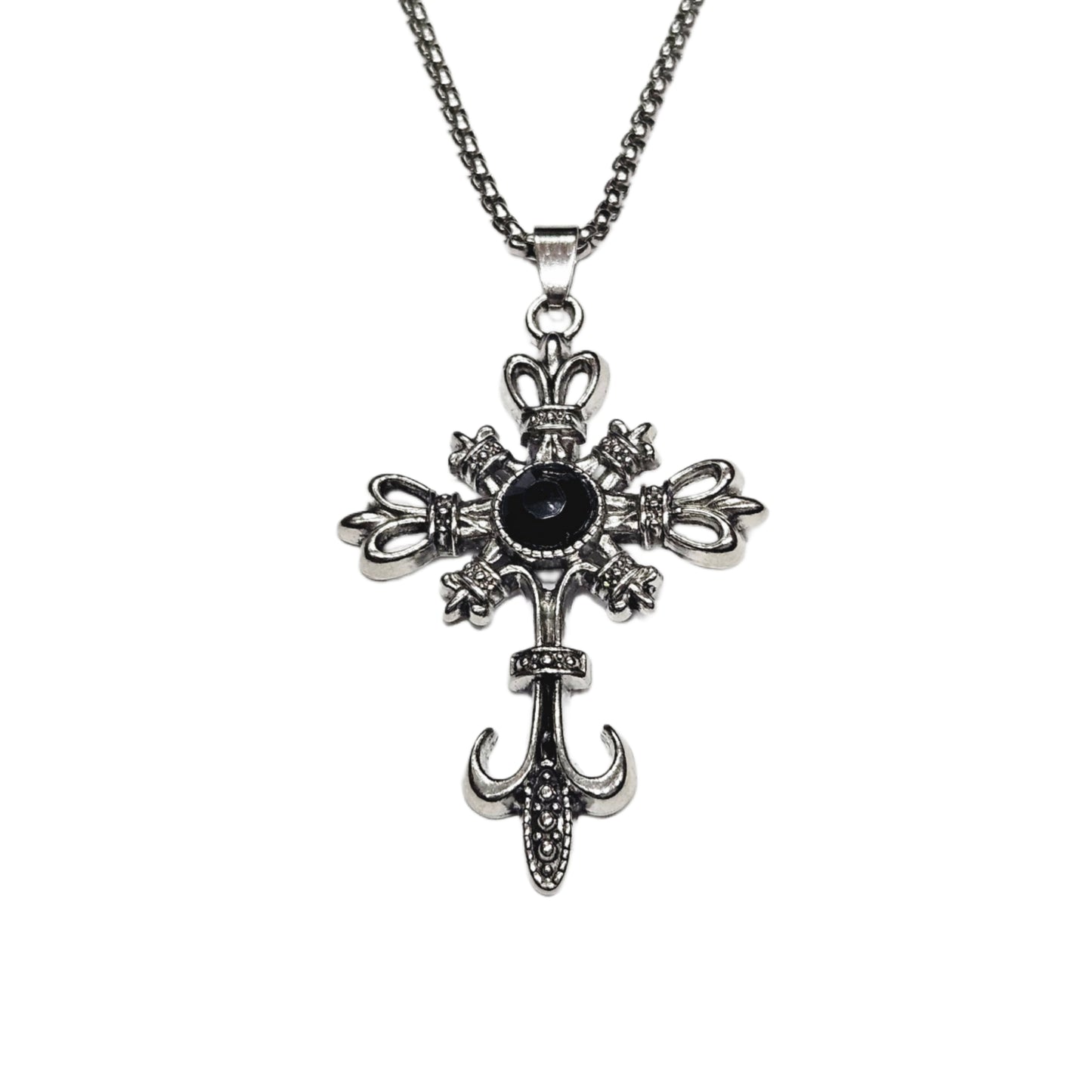 Silver Fleur-de-Lis Cross Necklace with Black Onyx Gemstone