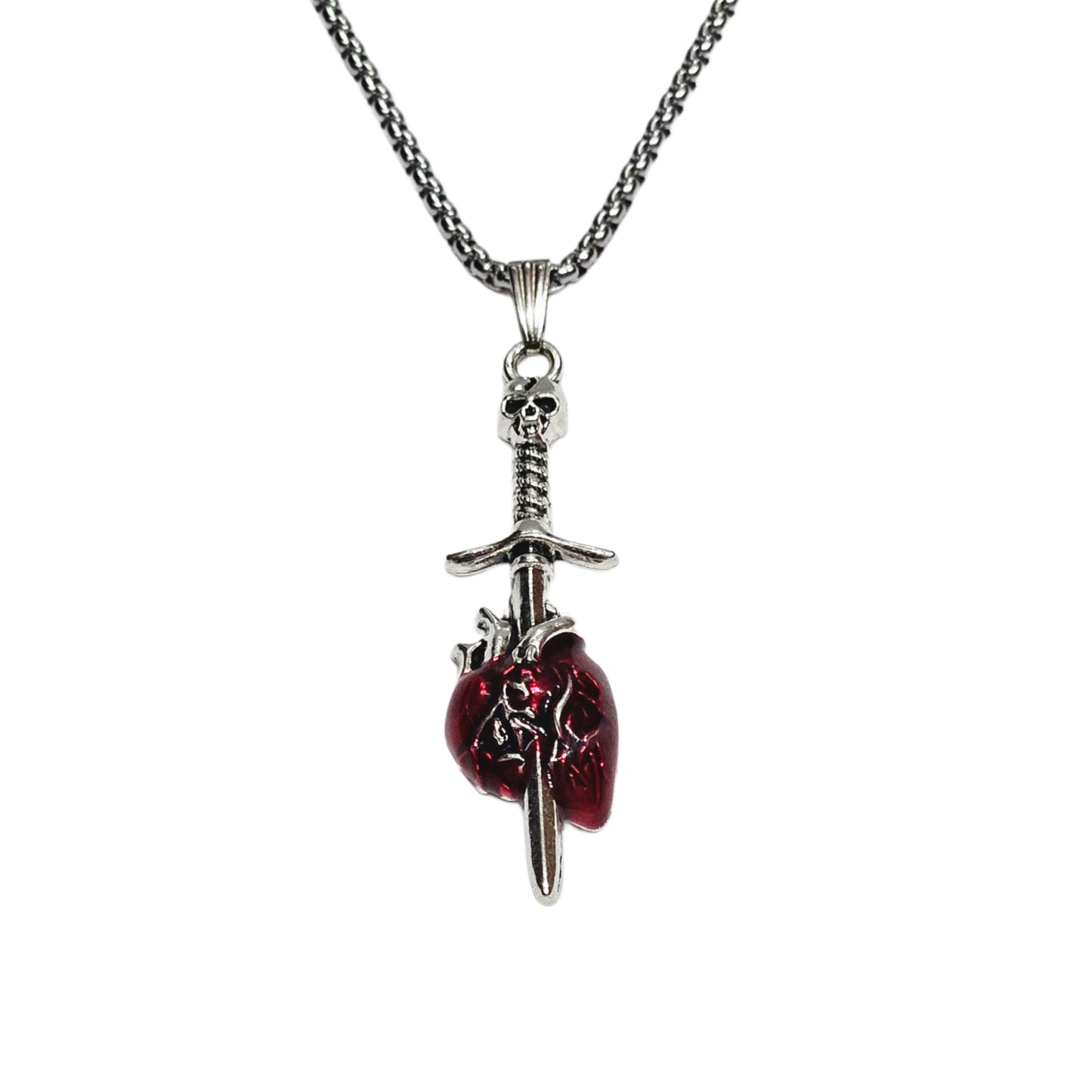 Gothic Dagger Through Red Heart Pendant Necklace