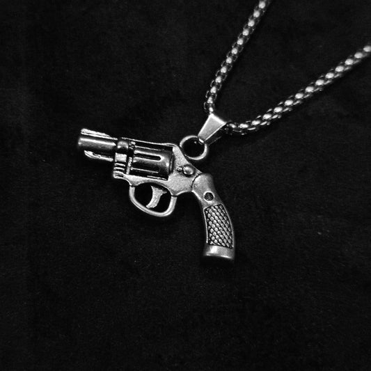 Western Revolver Pendant in Antiqued Silver