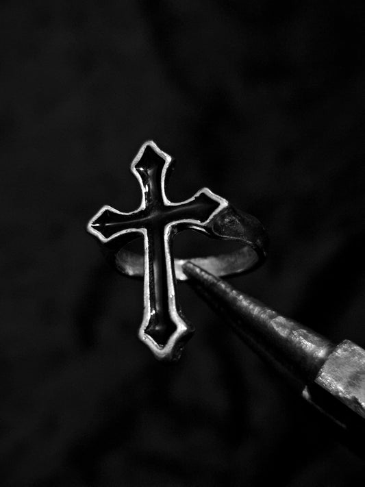 Midnight Cross Black Enamel Gothic Ring