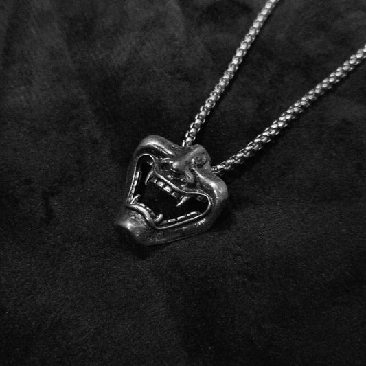 Japanese Oni Mask Pendant in Antiqued Silver