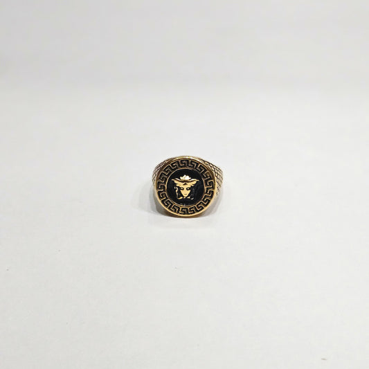 Dark Royalty Medusa Ring – Onyx Black & Gold Greek Key Edition