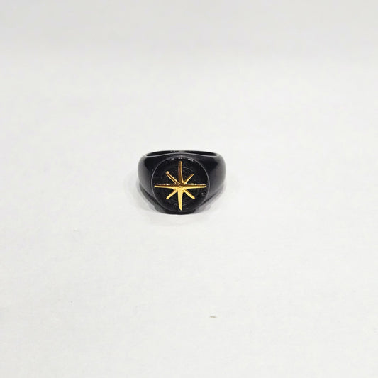 Midnight North Star Signet Ring – Matte Black & Gold Contrast