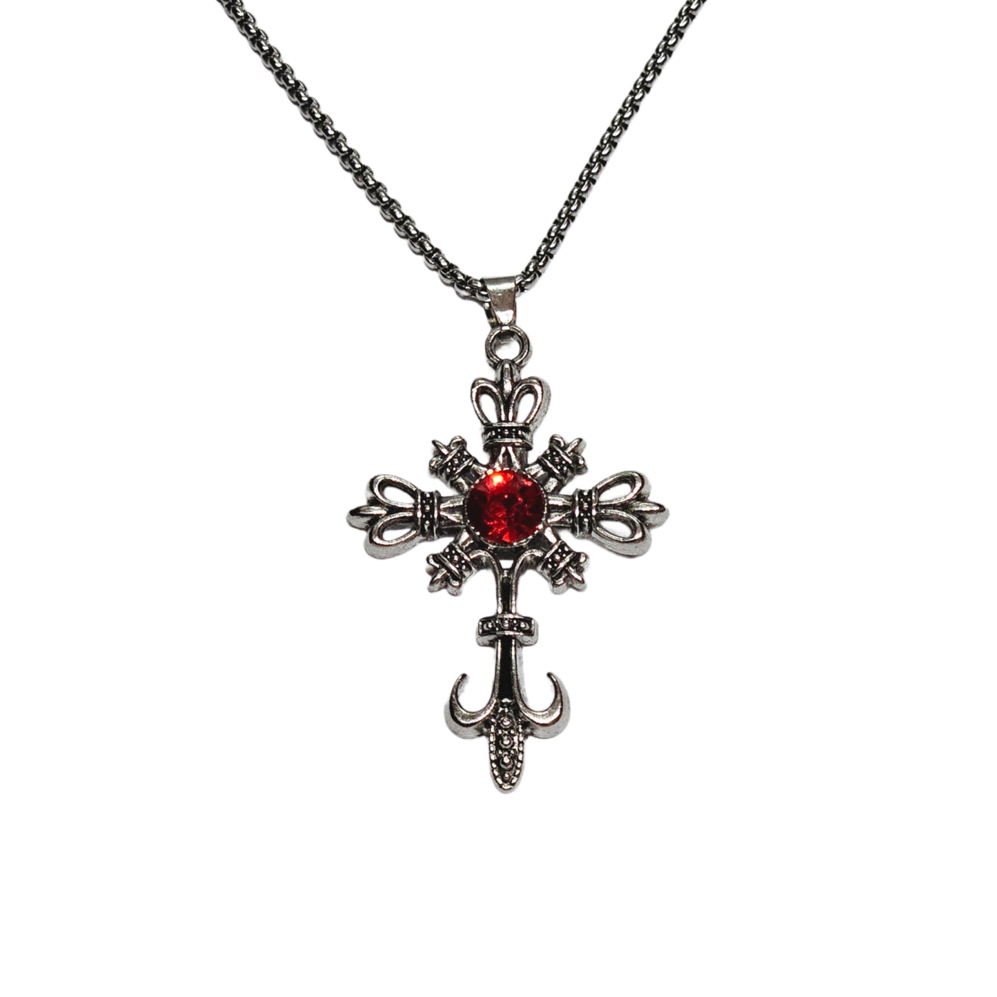 Royal Fleur-de-Lis Cross Necklace with Ruby Red Gemstone